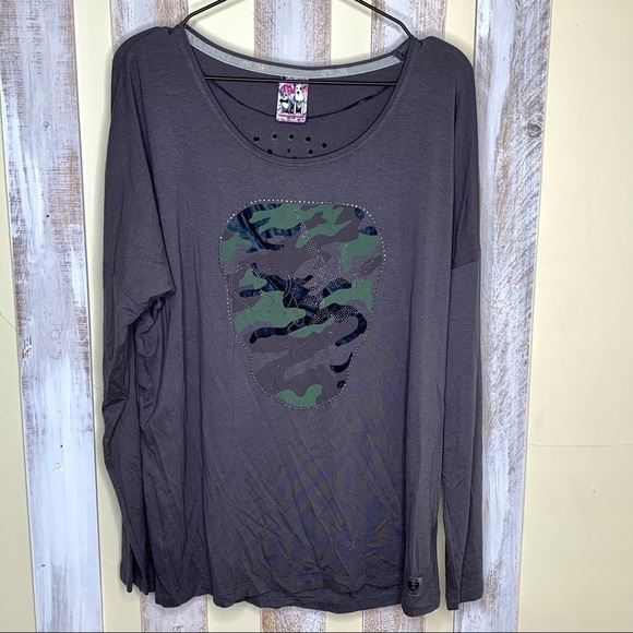 Frieda & Freddies Laser Cut Camo Skull Long Sleeve - Picture 1 of 10
